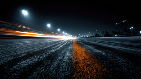 A captivating night scene featuring a dynamic road with striking light trails, smooth asphalt, and distant city lights illuminating the dark sky.の素材