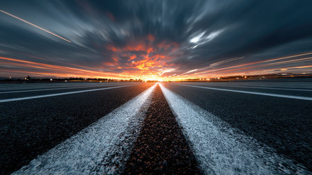 A breathtaking view of a road stretching towards a vibrant sunset, showcasing dramatic skies with light trails. Ideal for travel and landscape themes.の素材