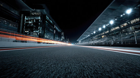 A stunning low-angle view of a nighttime race track. Bright lights illuminate the scene while motion blur conveys speed and excitement. Perfect for automotive themes.の素材