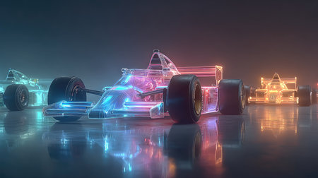 A vibrant scene featuring neon racing cars illuminated by glowing lights in a futuristic digital environment, showcasing innovation and artistic design.の素材