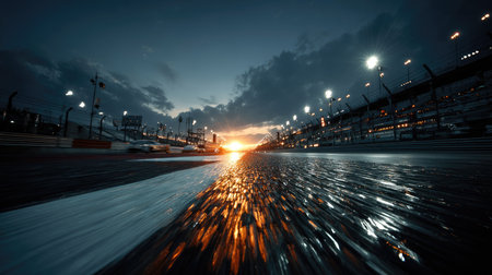 A stunning view of a race track capturing the vibrant sunset with glistening wet asphalt. The atmosphere is electric, illuminating the competition ahead.の素材