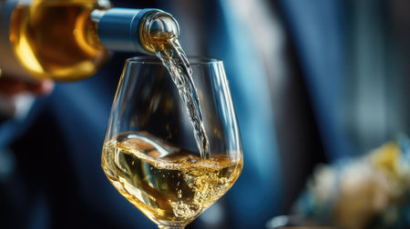 A captivating image of wine being elegantly poured into a crystal glass, capturing the richness and vibrancy of the beverage against a stylish blurred background.の素材