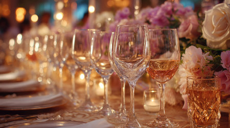 A stunning arrangement featuring crystal glasses and soft floral accents, ideal for an elegant dining experience at special events. The ambient lighting adds warmth and charm, creating a perfect atmosphere for celebrations.の素材