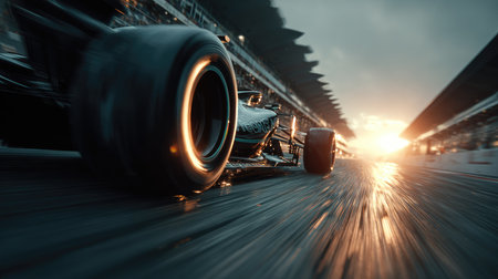 A thrilling close-up of a racing car speeding down the track as the sun sets. The dramatic lighting captures the intensity and excitement of motorsport, emphasizing speed and power.の素材