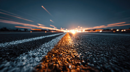 This captivating photo captures a low angle view of a smooth asphalt road at night, featuring dynamic light trails and illuminated streetlights that enhance the urban landscape.の素材
