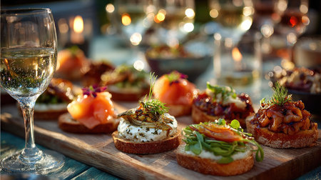 A wooden platter displays an array of gourmet appetizers, beautifully arranged with colorful toppings. A glass of white wine adds elegance to the outdoor dining experience, perfect for gatherings.の素材