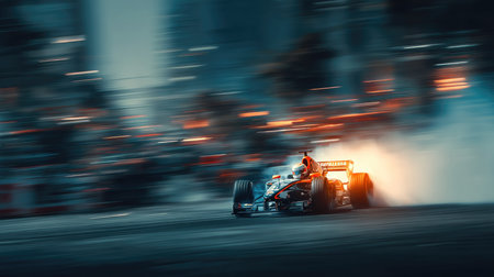 A captivating image of a race car maneuvering through an urban setting at night. The dynamic motion blur and vibrant lights create an exhilarating atmosphere, showcasing speed and excitement in motorsport.の素材