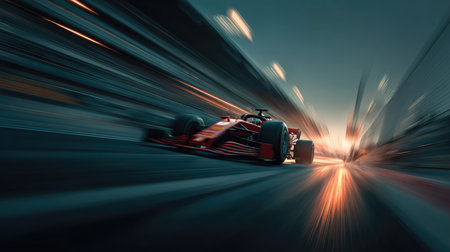 An exhilarating racing scene depicting a car in motion on a modern track at sunset, showcasing the thrill and energy of motorsport.の素材