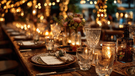 A beautifully arranged dinner table featuring elegant glassware, soft candlelight, and floral centerpieces, creating a warm and inviting atmosphere for gatherings.の素材