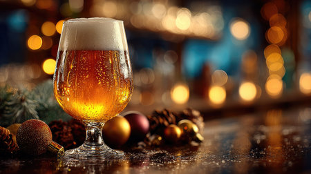 This image captures a beautifully crafted glass of beer topped with foam, surrounded by festive ornaments, perfect for holiday celebrations and cozy gatherings.の素材