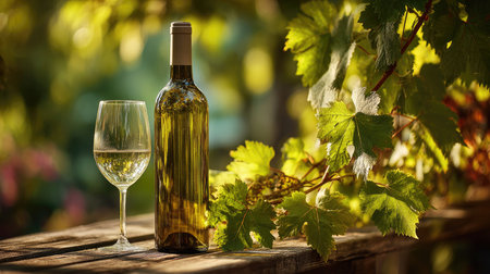 A captivating scene featuring a wine bottle and glass set against a vibrant vineyard backdrop, capturing the essence of summer leisure and fine dining.の素材