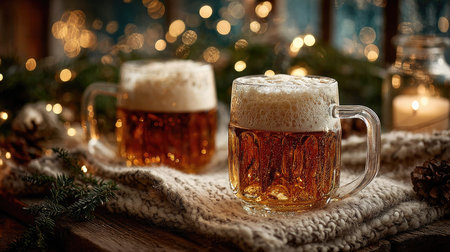 Enjoy a delightful scene of two frosty glass mugs filled with beer, surrounded by warm lights and natural decor, perfect for festive gatherings and cozy evenings.の素材