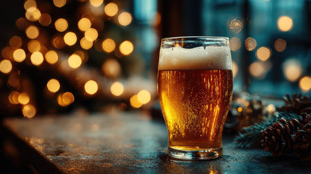 A refreshing glass of beer with foam sits on a table, illuminated by the warm glow of Christmas lights and a cozy ambiance, perfect for celebrations.の素材