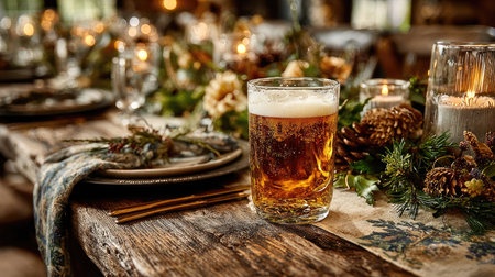 A beautifully arranged rustic dining table featuring a faceted glass of golden beer. Surrounded by elegant nature-inspired decor, this cozy setting invites warmth and celebration for gatherings with friends and family.の素材