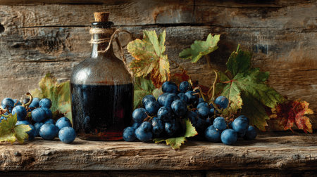 This captivating image features a vintage wine bottle resting on a rustic wooden surface, surrounded by fresh grapes and vibrant autumn leaves. Perfect for evoking a cozy, natural atmosphere.の素材
