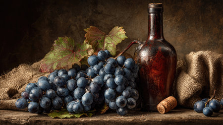 A captivating still life featuring ripe grapes, a classic bottle with cork, and rustic textiles arranged on a wooden surface, evoking rich culinary artistry.の素材