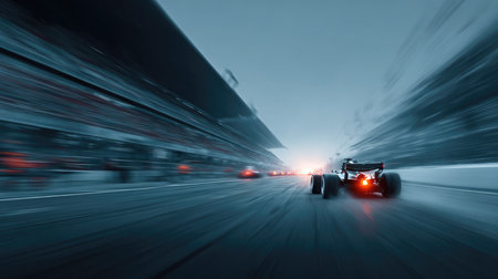 A thrilling scene capturing a race car in high-speed motion on a racetrack, showcasing energy and excitement as it blurs past spectators in a dynamic atmosphere.の素材