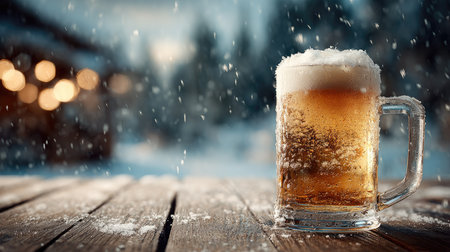 A frosted beer mug filled with golden liquid rests on a rustic wooden table. Snow softly falls around it, creating a cozy winter ambiance ideal for festive gatherings.の素材