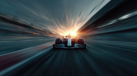 A breathtaking image of a racing car speeding down a track, with a stunning sunset illuminating the scene. The dynamic motion and vibrant colors evoke speed and adrenaline.の素材