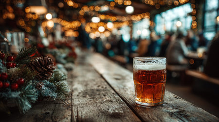 Enjoy the warm atmosphere of a cozy indoor gathering featuring a glass of beer on a rustic wooden table surrounded by festive decorations.の素材