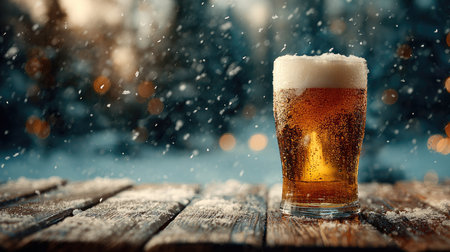 A frosty glass of beer sits on a wooden table, surrounded by gentle snowfall and soft warm lights, creating a cozy winter atmosphere perfect for celebrations.の素材