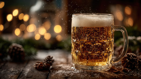 A beautifully crafted frosted glass mug filled with golden beer and topped with creamy foam sits on a rustic wooden table, surrounded by festive pine cones and soft bokeh lights, evoking a cozy and joyful winter atmosphere perfect for gatherings and celebrations.の素材