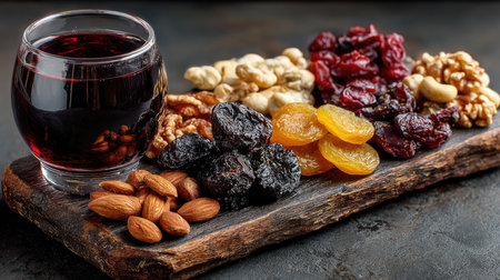 A visually appealing arrangement featuring a glass of dark red beverage accompanied by a variety of nuts and dried fruits, perfect for a healthy snack.の素材