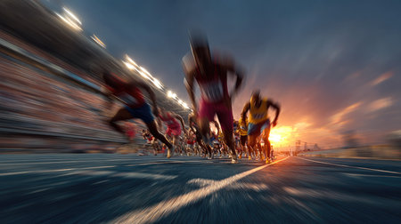 A dynamic image capturing athletes starting their race on a track during a stunning sunset, highlighting speed, energy, and determination in sports.の素材