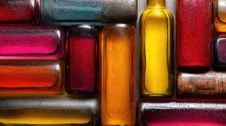 A stunning arrangement of colorful glass bottles showcases various shapes and textures, perfect for creative projects or as artistic decoration.の素材