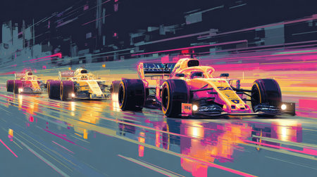 This captivating illustration features racing cars in vibrant colors, showcasing speed and motion with dynamic trails against a technology-inspired backdrop.の素材