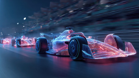 A stunning representation of futuristic race cars featuring dynamic technology elements, captured in a thrilling night racing scene with exciting motion and energy.の素材