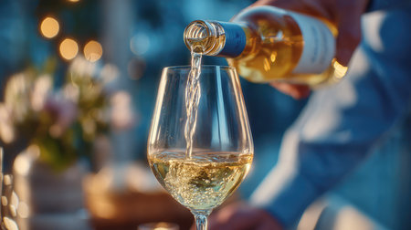 An elegant image showing white wine being poured into a glass, set against a beautifully blurred backdrop of lights and floral arrangements, perfect for gatherings.の素材