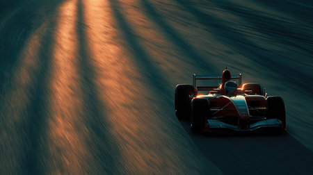 A striking image of a race car racing down a track at sunset, showcasing speed and motion with rich light reflections illuminating the scene.の素材