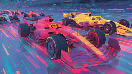 A stunning image showcasing race cars in a futuristic setting, filled with vibrant colors and motion blur that captures the essence of speed and adrenaline.の素材