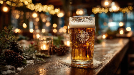 A beautifully crafted glass of beer with a frosty snowflake design sits on a wooden table in a cozy winter bar, surrounded by twinkling lights and festive decor.の素材