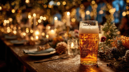 A beautifully presented glass of golden beer sits on a rustic wooden table, surrounded by warm candlelight and festive decorations, creating a cozy ambience ideal for gatherings.の素材
