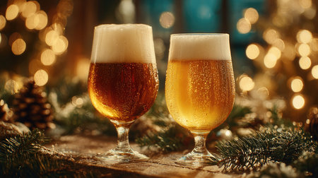 This beautiful still life features two elegant beer glasses filled with golden and brown beverages, set on a rustic table with twinkling holiday lights.の素材