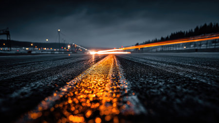A low-angle view of a wet road at night reveals glowing car lights creating dynamic motion. The scene captures the dramatic atmosphere of a rainy urban environment.の素材