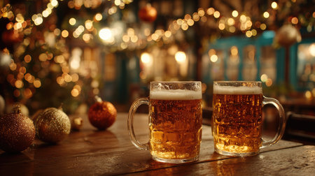 Enjoy a cozy winter bar scene featuring two frosty beer mugs on a wooden table, surrounded by shimmering holiday decorations and warm ambient lighting.の素材