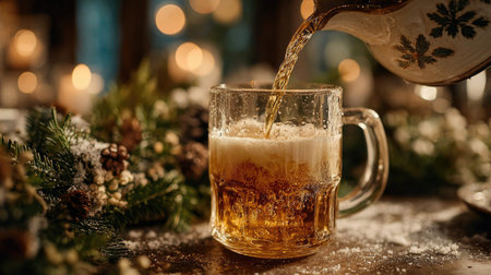 Enjoy a cozy winter scene featuring a frosted mug being filled with beer, beautifully complemented by festive decorations and warm ambient lighting.の素材