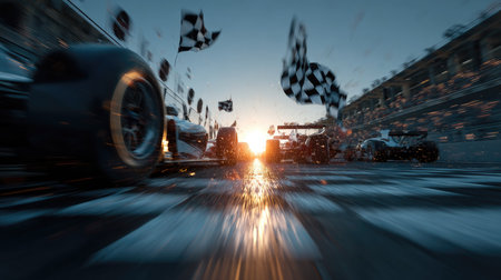 This dynamic image captures the thrilling finish of a race, with cars speeding towards the checkered flags against a picturesque sunset.の素材