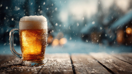 A frosty beer glass sits on a wooden table, surrounded by snow in a cozy winter setting. The warm glow in the blurred background invites holiday cheer.の素材