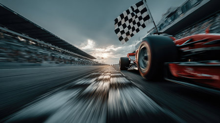 A stunning view of a racecar speeding across the finish line, waving a checkered flag against a dramatic sunset backdrop. The energy and excitement capture the heart of motorsport.の素材