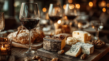 A beautifully arranged selection of cheeses and red wine in a cozy restaurant setting. The warm and inviting atmosphere enhances the dining experience.の素材