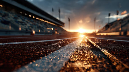 A stunning sunset view captures a track with a wet surface, highlighting water droplets on the ground. The stadium stands empty, reflecting a serene atmosphere.の素材