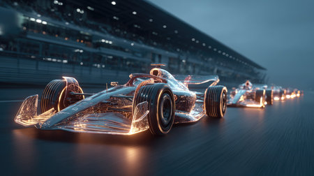 A breathtaking scene of futuristic race cars on a track at night, featuring neon lights and motion blur that highlight the thrill of high-speed racing.の素材