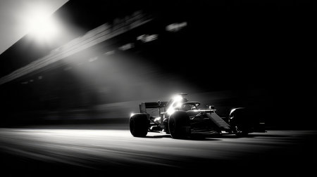 A striking black and white image of a racing car speeding on a track, captured in motion under dramatic lighting, showcasing the thrill of competition.の素材