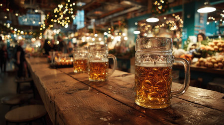 Three glasses of refreshing beer sit on a rustic wooden table, illuminated by warm lights in a vibrant market setting, creating a cozy atmosphere perfect for gatherings.の素材