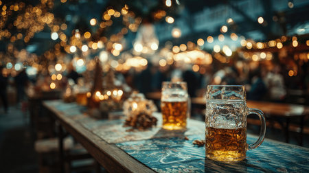 A warm and inviting scene featuring beer mugs on a wooden table illuminated by festive lights, capturing the joyful essence of a holiday market.の素材