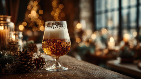 A beautifully crafted beer glass sits on a rustic wooden table, surrounded by festive Christmas decorations and soft warm lighting, creating a cozy winter atmosphere.の素材